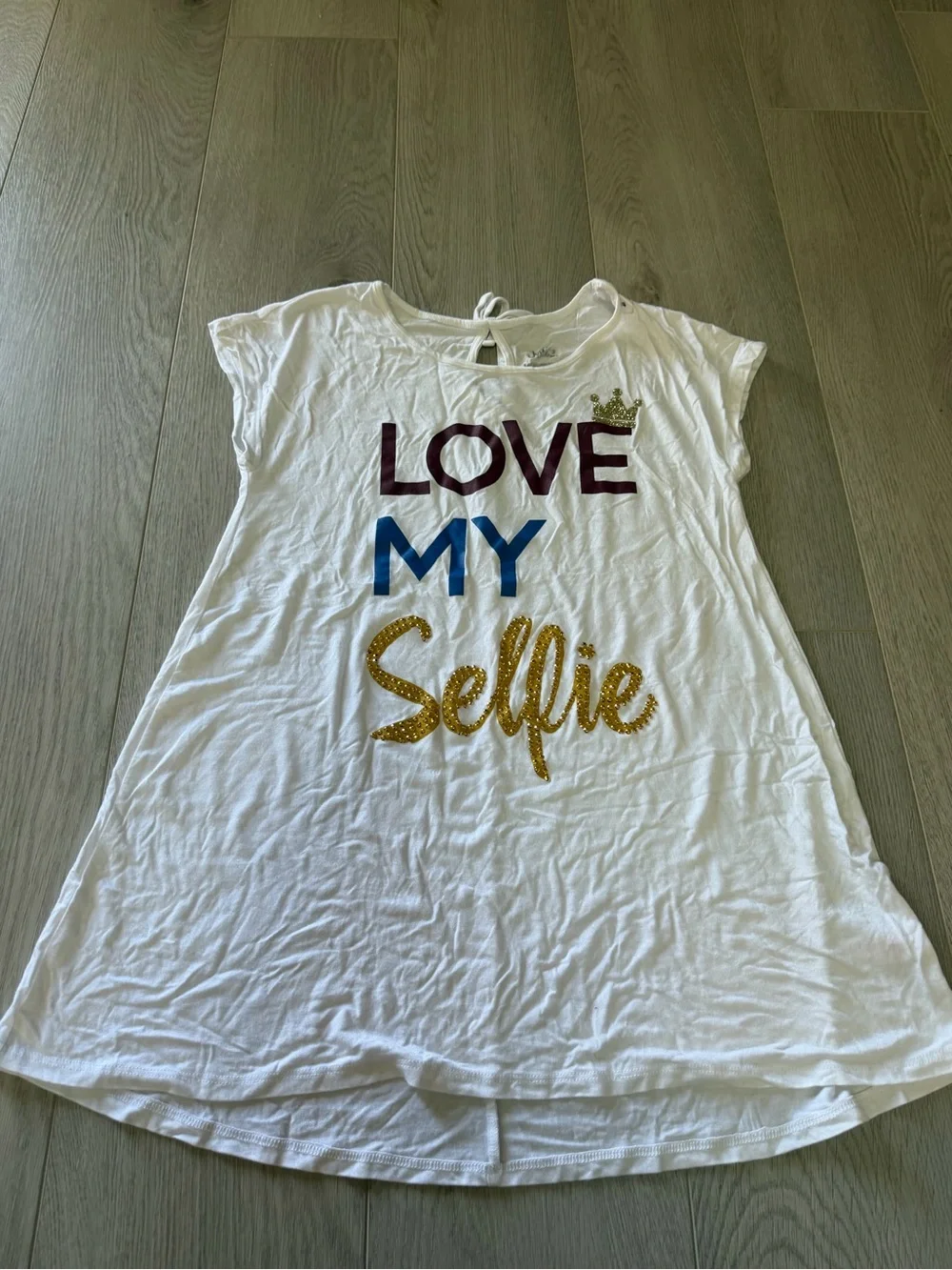 Justice White Tee Dress with Glitter 'Love My Selfie' Graphic